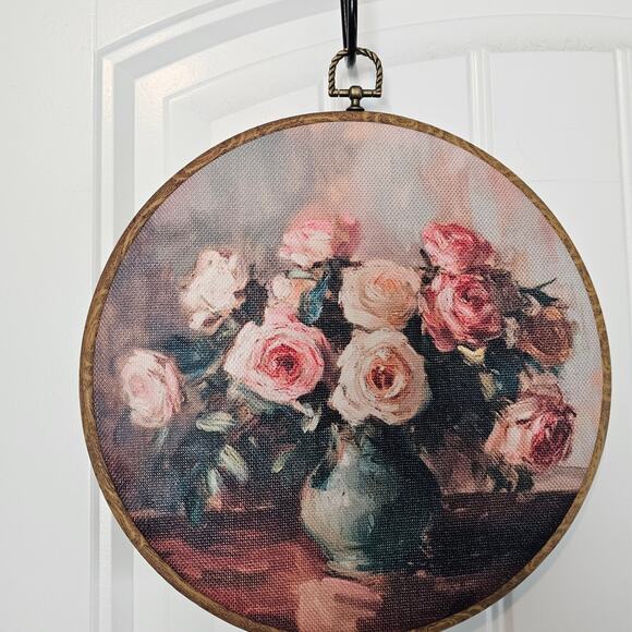 Floral Art Framed Picture Pink Roses Vase Round Cottage Country Renaissance - Picture 3 of 9